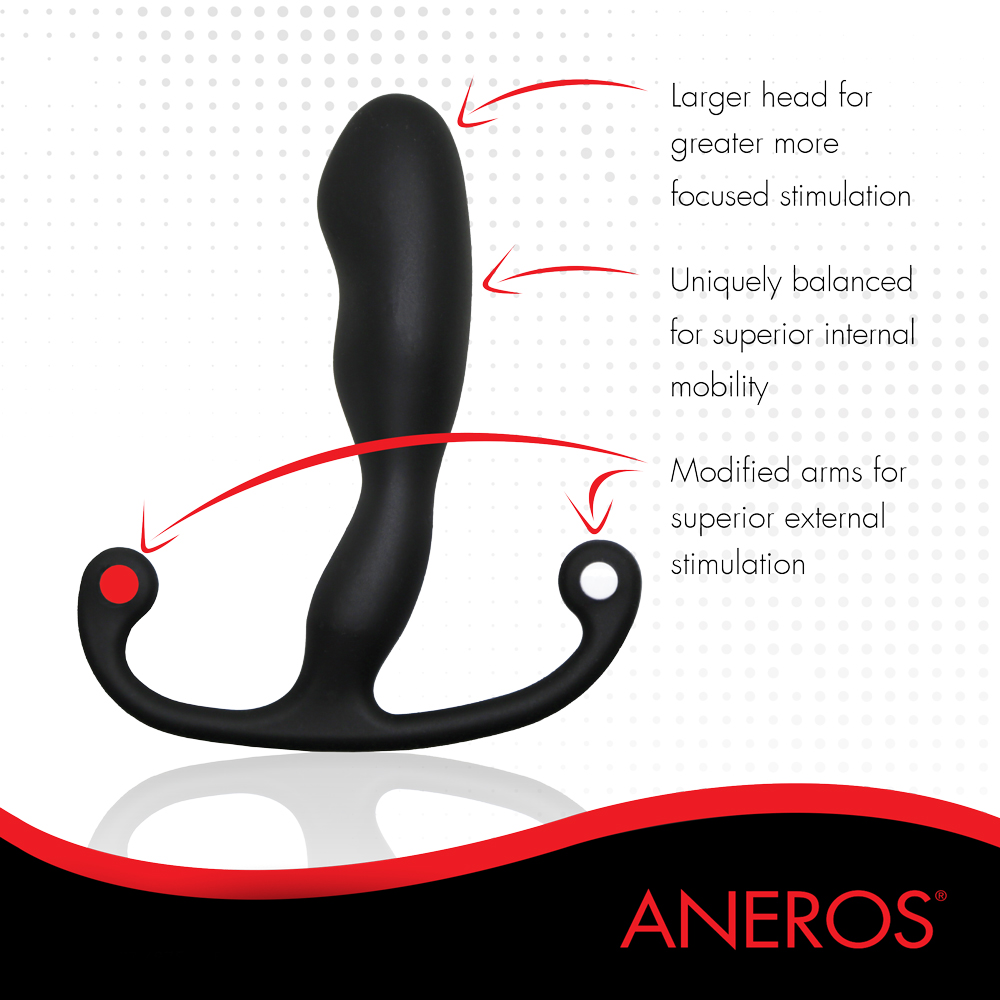 The image shows an Aneros Trident prostate massager. The first text is arrowed to the main insertable head of the massager and it says Larger head for greater more focused stimulation.
The second text is arrowed to the middle part of the main shaft of the toy and it says Uniquely balanced for superior internal mobility.
The third bit of text is arrowed to the two smaller arms and it says Modified arms for superior external stimulation.
The Aneros logo is visible in the right lower corner.