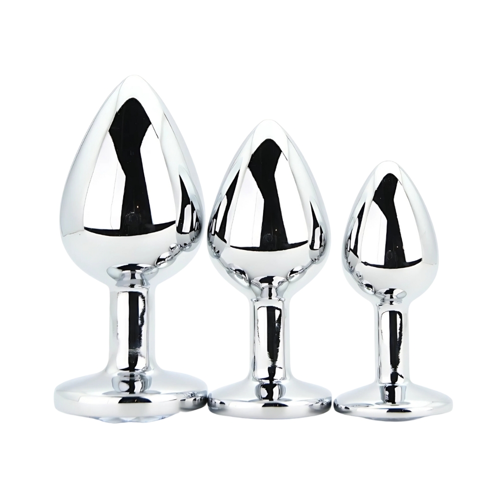 Toosh Metal Butt Plug Silver Set of 3 Clear Stone - Image 2